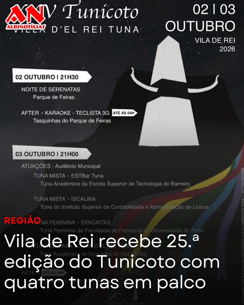 A Villa d’el Rei Tuna promove, com o apoio do Município de Vila de Rei, a 25.ª edição do Tunicoto – Encontro de Tunas de...